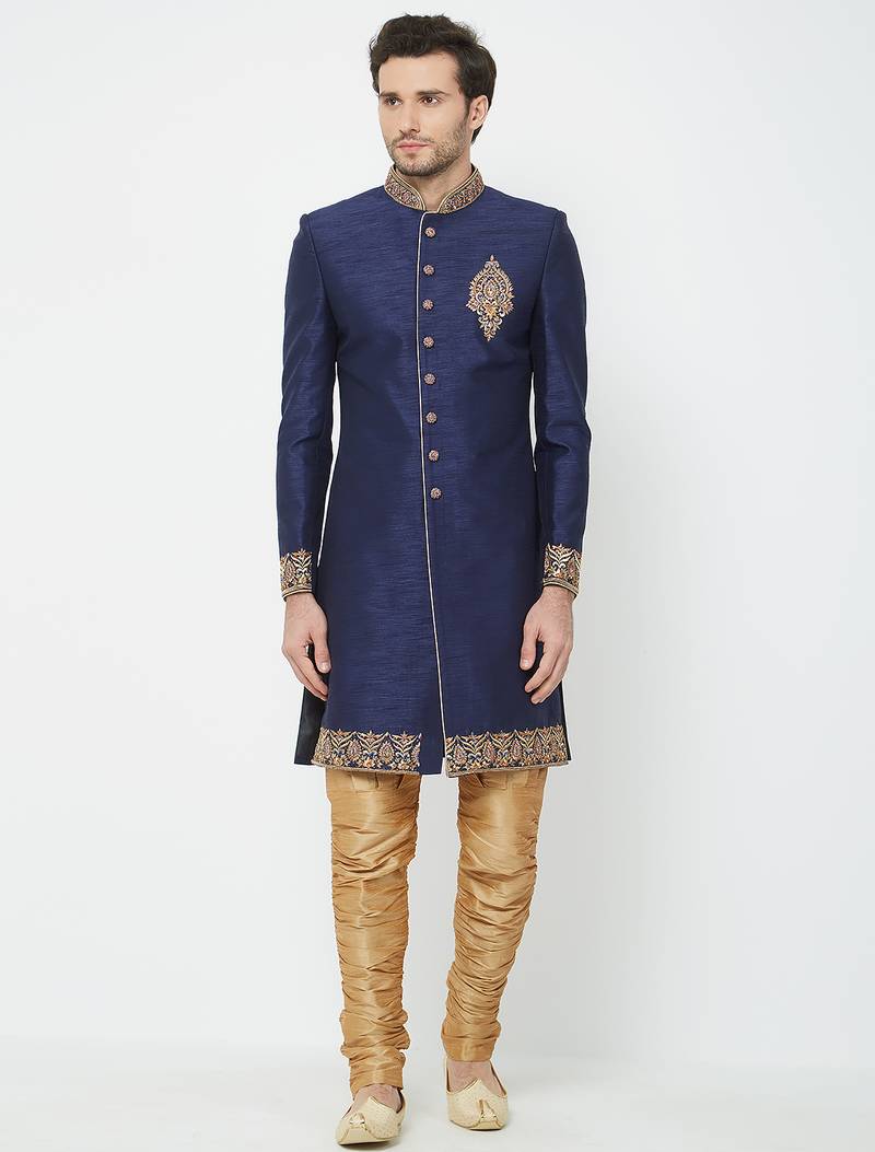 Navy blue art silk straight embroidery with handwork sherwani for men's