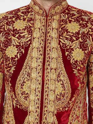 Maroon Art silk straight embroidery with handwork sherwani for men's 5