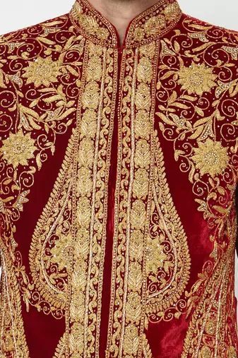 Maroon art silk straight embroidery with handwork sherwani for men's
