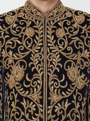 Black Art silk straight embroidery with handwork sherwani for men's 5