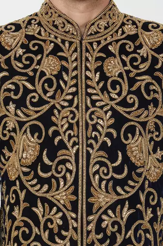 Black art silk straight embroidery with handwork sherwani for men's