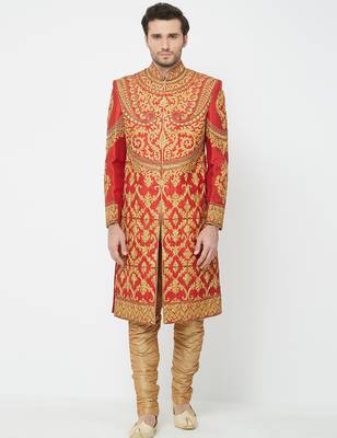 Red Art silk straight embroidery with handwork sherwani for men's 1