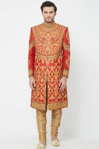 Red art silk straight embroidery with handwork sherwani for men's