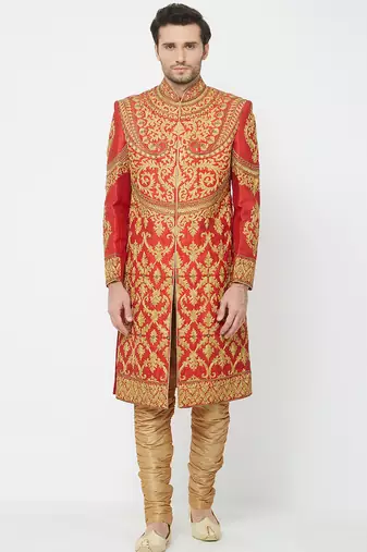 Red art silk straight embroidery with handwork sherwani for men's