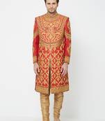 Red art silk straight embroidery with handwork sherwani for men's