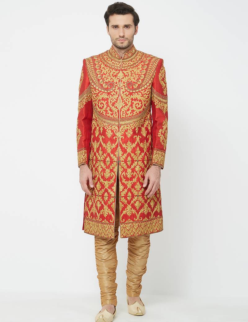 Red art silk straight embroidery with handwork sherwani for men's
