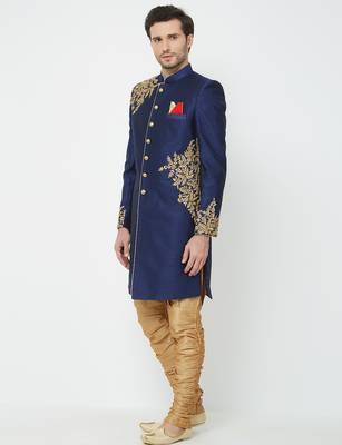 Navy blue Art silk straight embroidery with handwork sherwani for men's 2