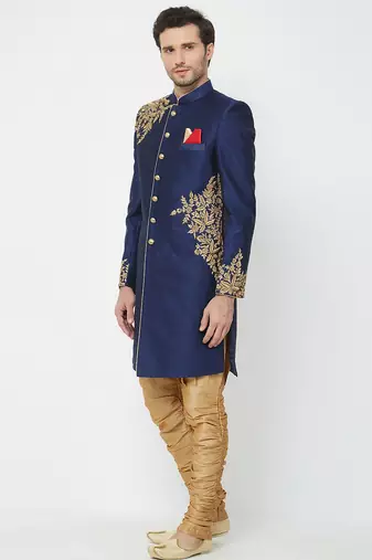 Navy blue art silk straight embroidery with handwork sherwani for men's