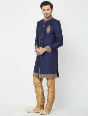 Navy blue Art silk straight embroidery with handwork sherwani for men's 2