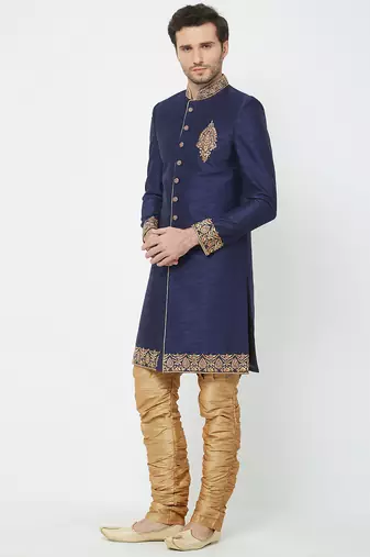 Navy blue art silk straight embroidery with handwork sherwani for men's