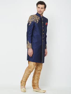 Navy blue Art silk straight embroidery with handwork sherwani for men's 3