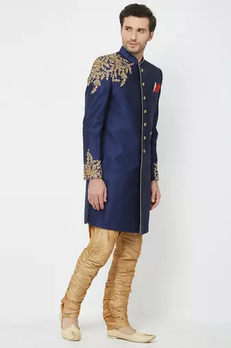 Navy blue art silk straight embroidery with handwork sherwani for men's