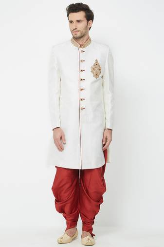 Cream art silk straight handwork sherwani for men's