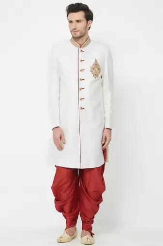 Cream art silk straight handwork sherwani for men's