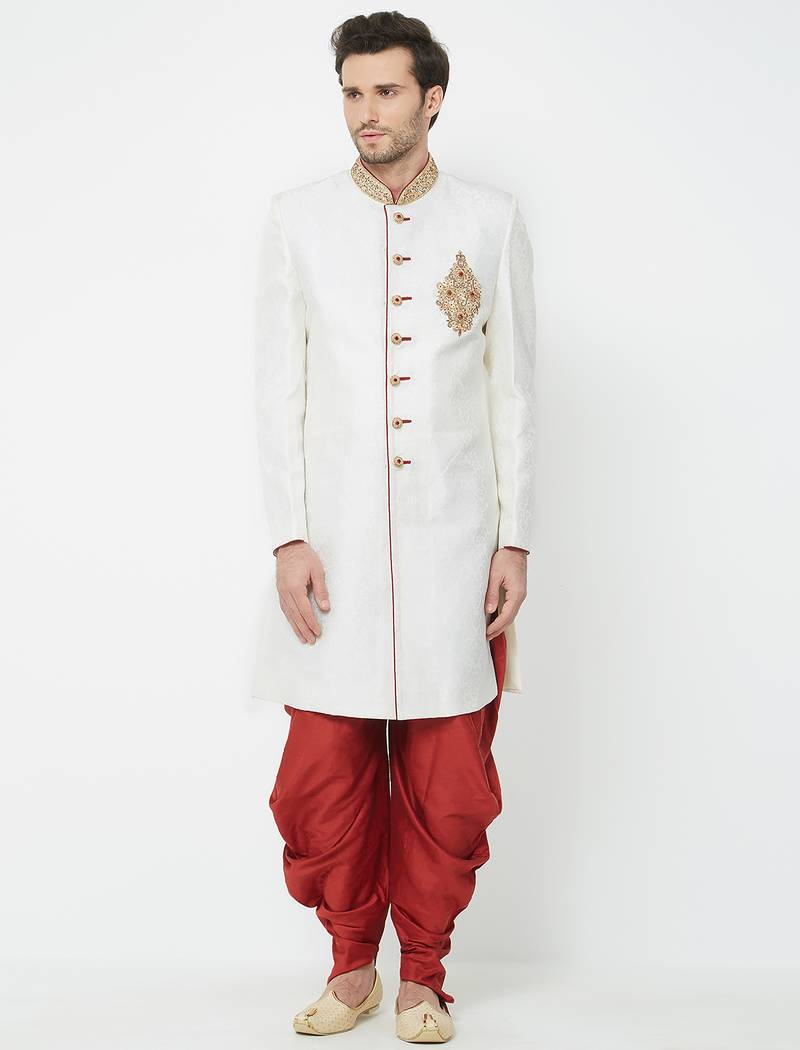 Cream art silk straight handwork sherwani for men's
