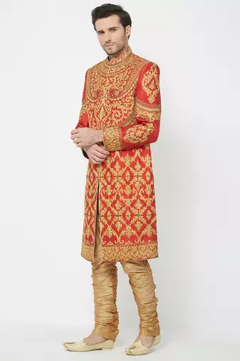 Red art silk straight embroidery with handwork sherwani for men's