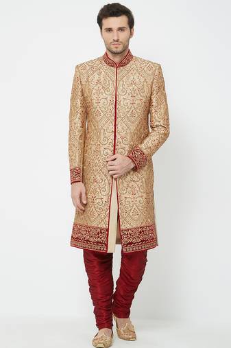 Gold art silk straight embroidery with handwork sherwani for men's