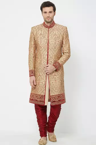 Gold art silk straight embroidery with handwork sherwani for men's