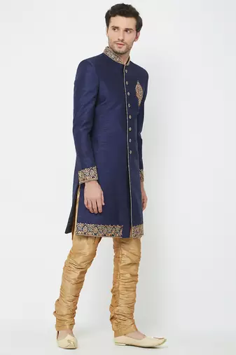 Navy blue art silk straight embroidery with handwork sherwani for men's