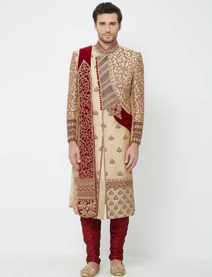 Gold silk blend straight embroidery with handwork sherwani for men's 1