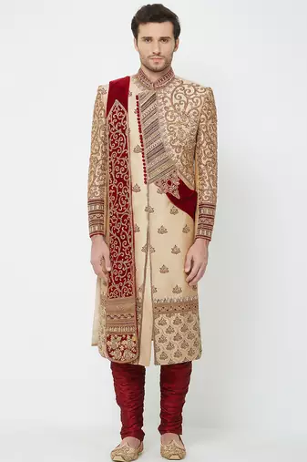 Gold silk straight embroidery with handwork sherwani for men's