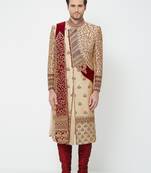 Gold silk straight embroidery with handwork sherwani for men's
