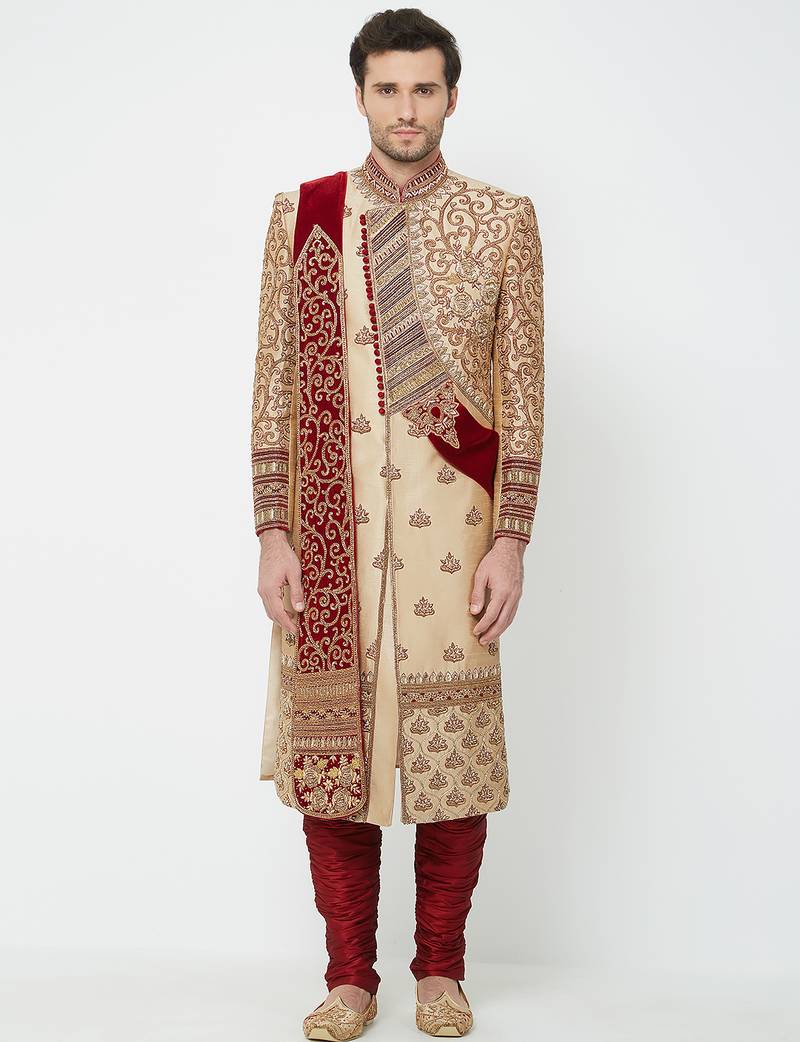 Gold silk straight embroidery with handwork sherwani for men's