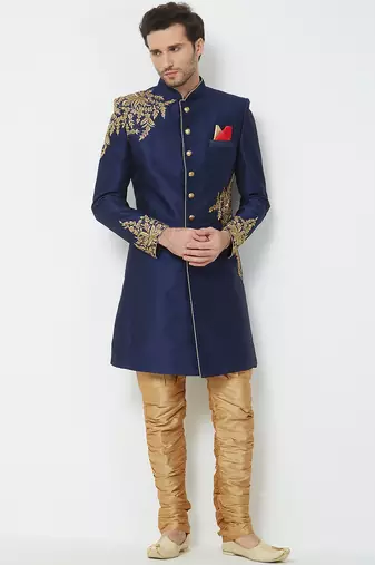 Navy blue art silk straight embroidery with handwork sherwani for men's