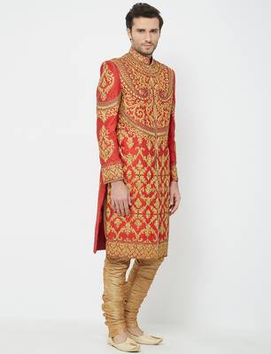 Red Art silk straight embroidery with handwork sherwani for men's 3