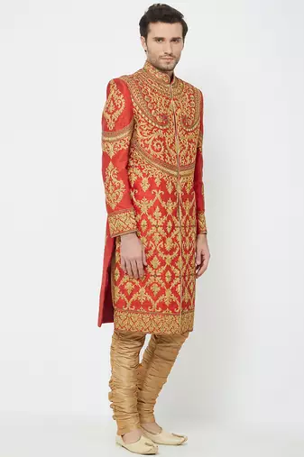 Red art silk straight embroidery with handwork sherwani for men's