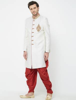 Cream Art silk straight handwork sherwani for men's 2