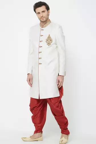 Cream art silk straight handwork sherwani for men's