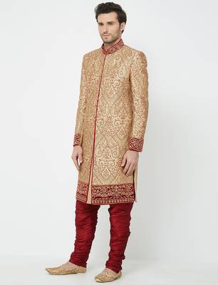 Gold Art silk straight embroidery with handwork sherwani for men's 2