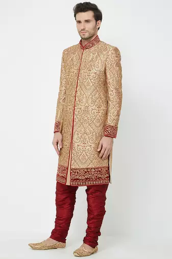 Gold art silk straight embroidery with handwork sherwani for men's