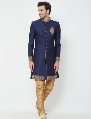 Navy blue Art silk straight embroidery with handwork sherwani for men's 4