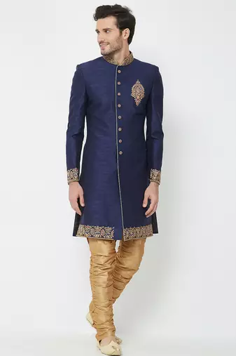 Navy blue art silk straight embroidery with handwork sherwani for men's