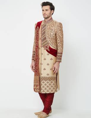 Gold silk blend straight embroidery with handwork sherwani for men's 2