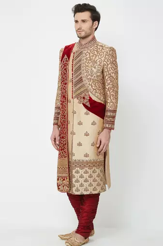 Gold silk straight embroidery with handwork sherwani for men's