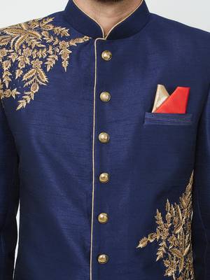 Navy blue Art silk straight embroidery with handwork sherwani for men's 5