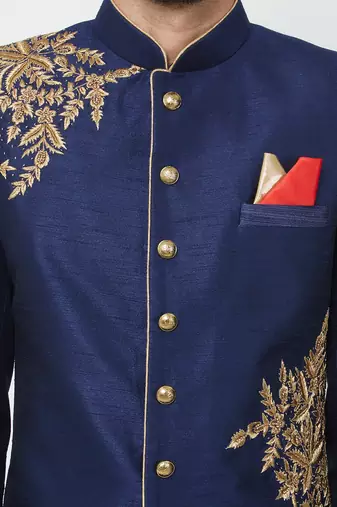 Navy blue art silk straight embroidery with handwork sherwani for men's