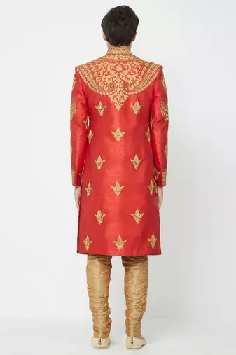 Red art silk straight embroidery with handwork sherwani for men's