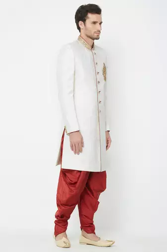 Cream art silk straight handwork sherwani for men's