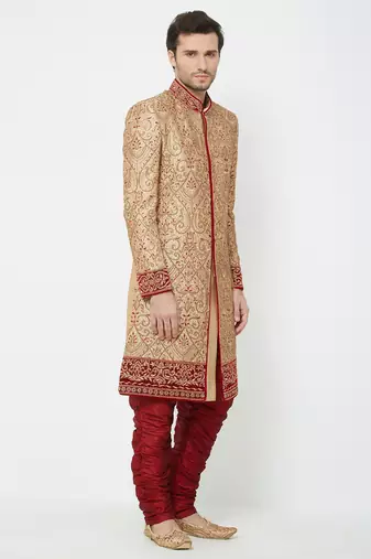 Gold art silk straight embroidery with handwork sherwani for men's