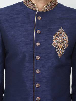 Navy blue Art silk straight embroidery with handwork sherwani for men's 5