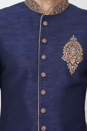Navy blue art silk straight embroidery with handwork sherwani for men's