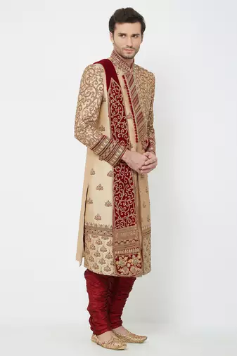Gold silk straight embroidery with handwork sherwani for men's