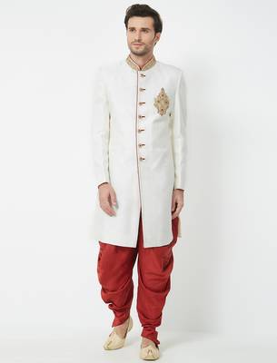 Cream Art silk straight handwork sherwani for men's 4