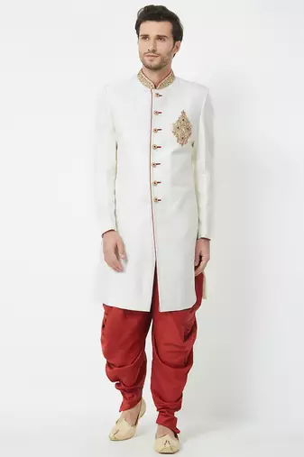 Cream art silk straight handwork sherwani for men's