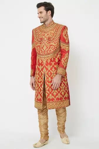 Red art silk straight embroidery with handwork sherwani for men's
