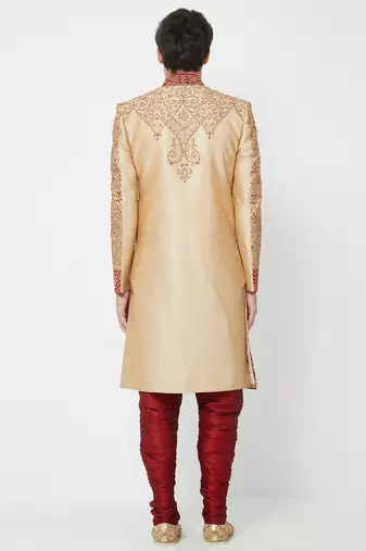 Gold art silk straight embroidery with handwork sherwani for men's